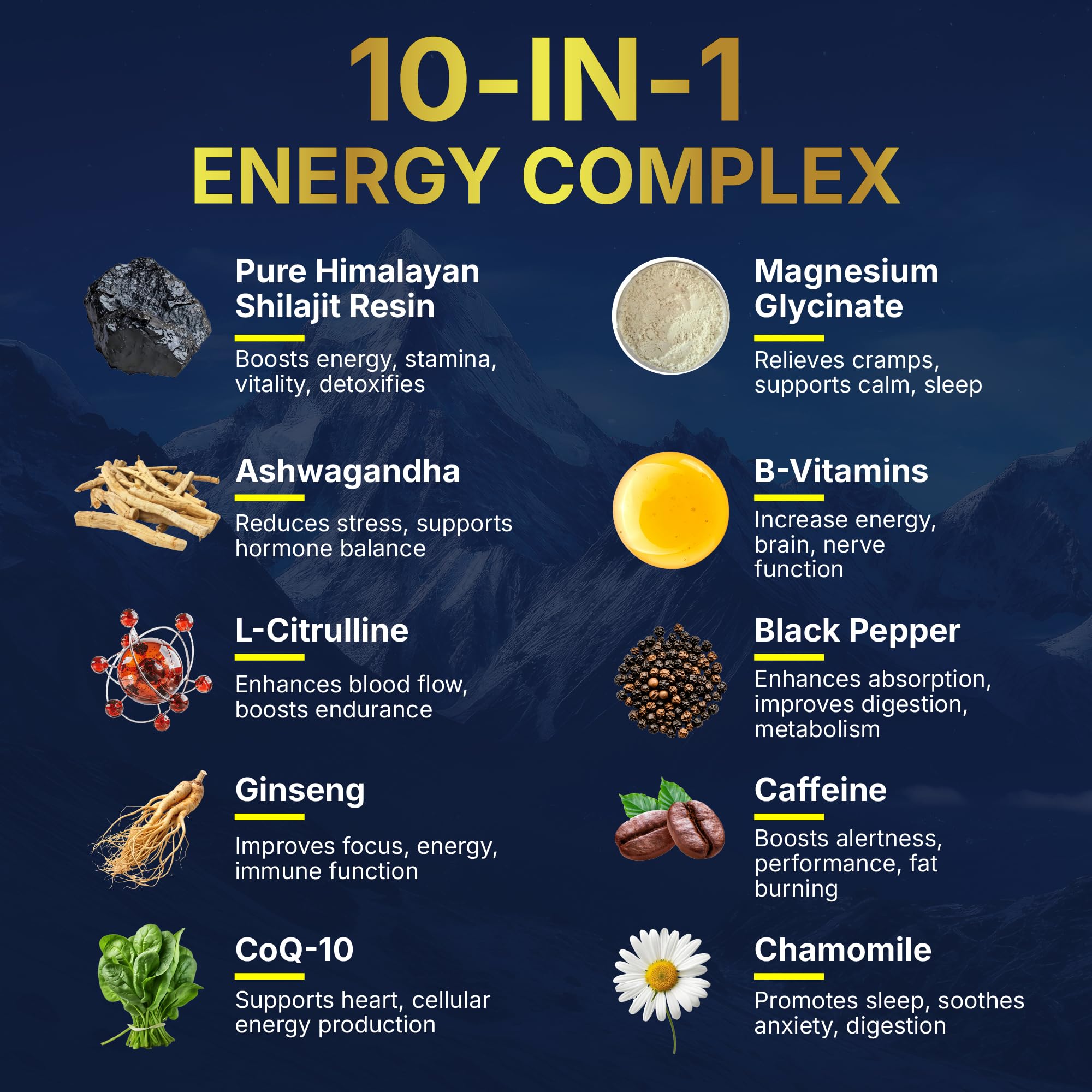 10-in-1 energy complex ingredients: Shilajit resin, magnesium, ashwagandha, B-vitamins, L-citrulline, black pepper, ginseng, caffeine, CoQ-10 and chamomile